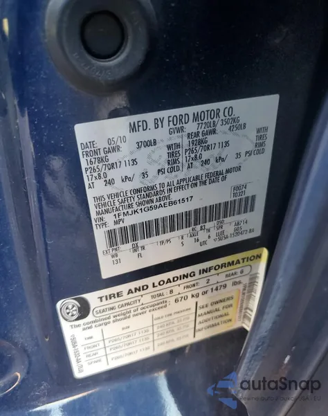 2010 Ford Expedition El Xlt из США, поврежденный, VIN 1FMJK1G59AEB61517